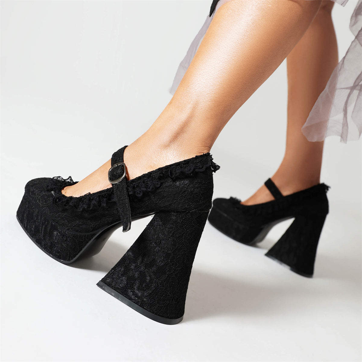 Black Lace Almond Toe Platform Chunky Heel Mary Jane Pumps