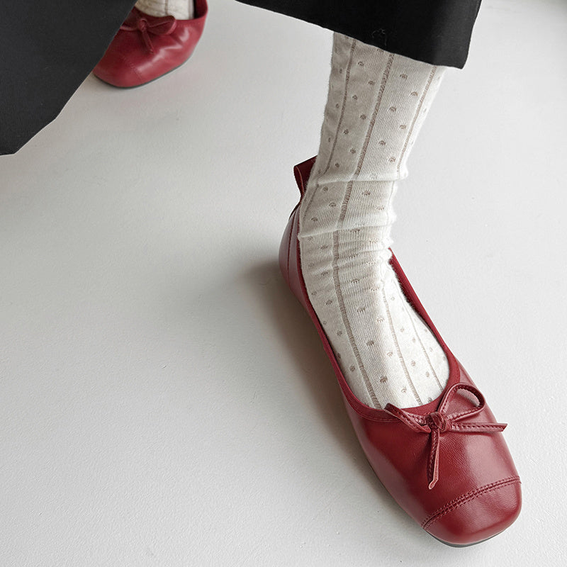 Red leather ballet flat cute bow pumps