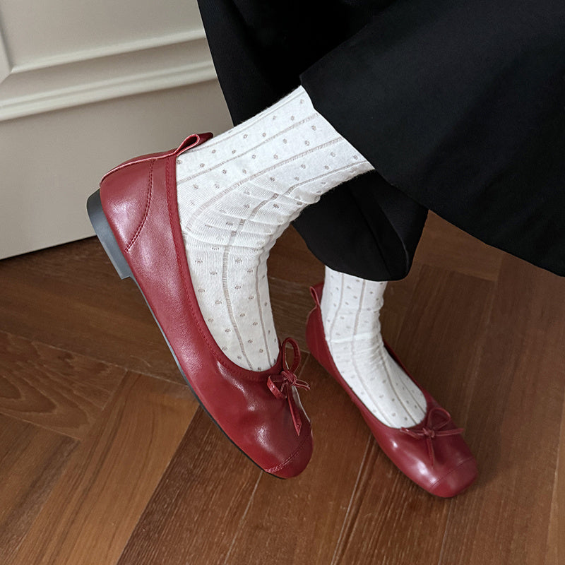 Red leather ballet flat cute bow pumps