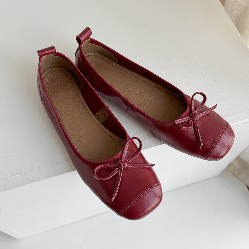 Red leather ballet flat cute bow pumps