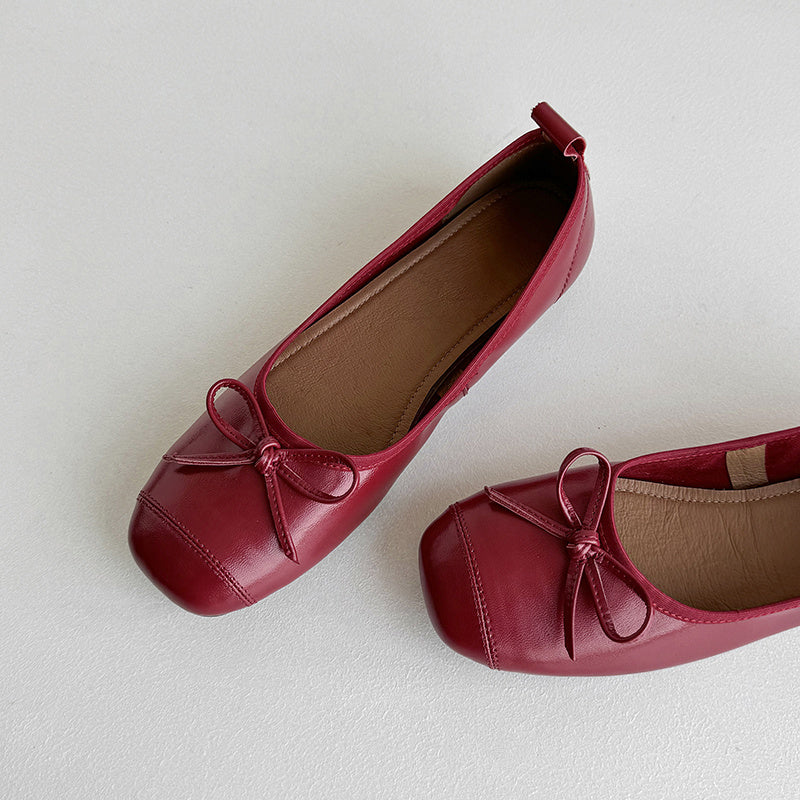 Red leather ballet flat cute bow pumps