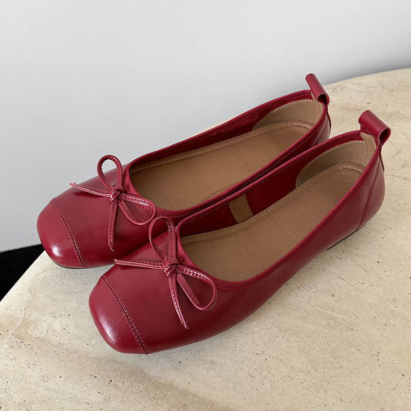 Red leather ballet flat cute bow pumps