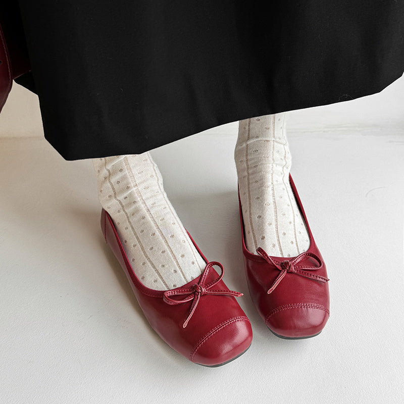 Red leather ballet flat cute bow pumps