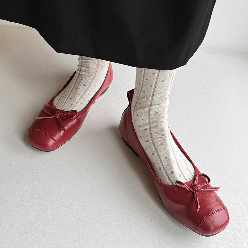 Red leather ballet flat cute bow pumps