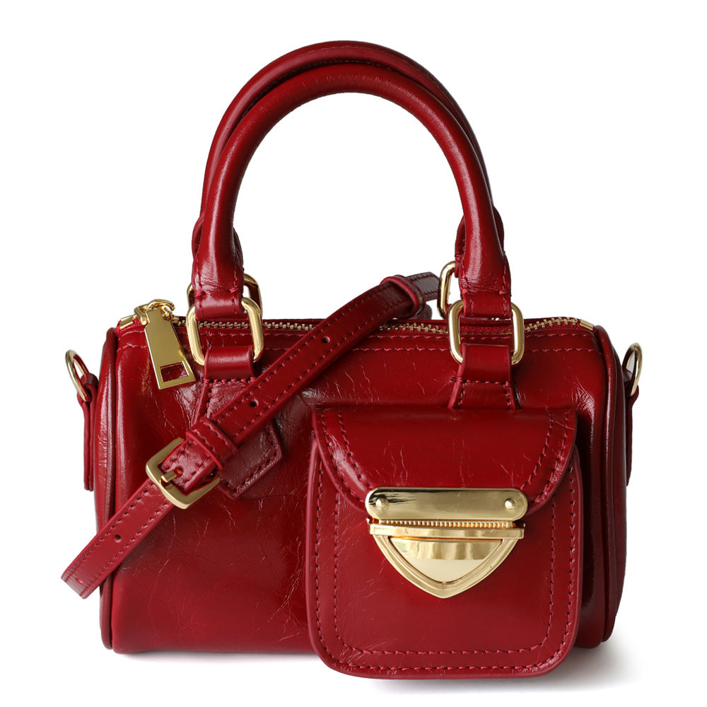 <tc>Red Leather Shoulder Mini Boston Bag with Outer Pocket</tc>