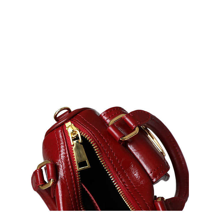 <tc>Red Leather Shoulder Mini Boston Bag with Outer Pocket</tc>