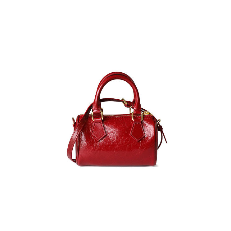 <tc>Red Leather Shoulder Mini Boston Bag with Outer Pocket</tc>