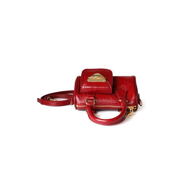 <tc>Red Leather Shoulder Mini Boston Bag with Outer Pocket</tc>