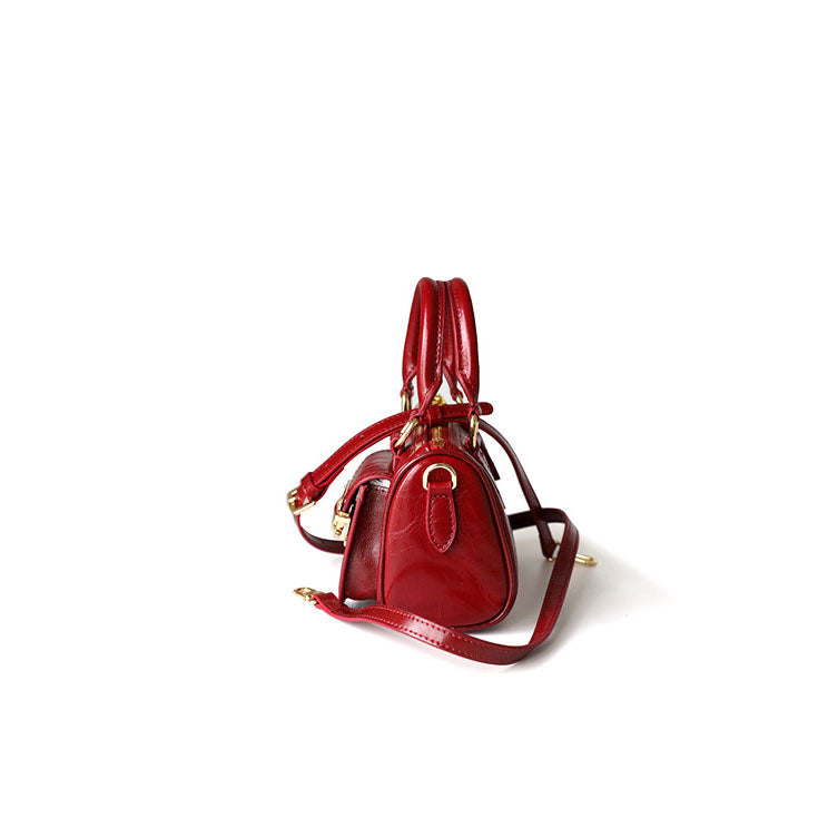 <tc>Red Leather Shoulder Mini Boston Bag with Outer Pocket</tc>