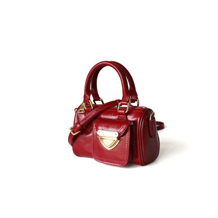 <tc>Red Leather Shoulder Mini Boston Bag with Outer Pocket</tc>