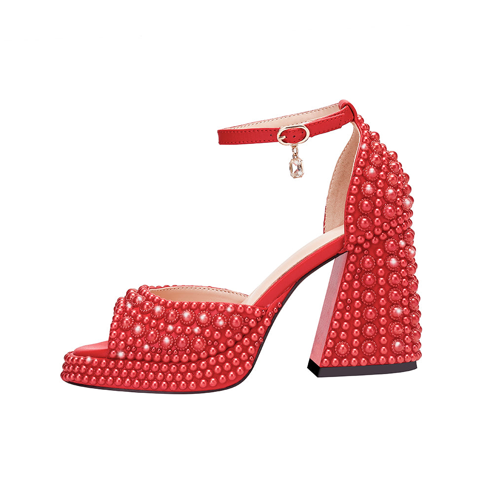 <tc>Red Pearl Open Toe Chunky Heels Ankle Strap Sandals</tc>