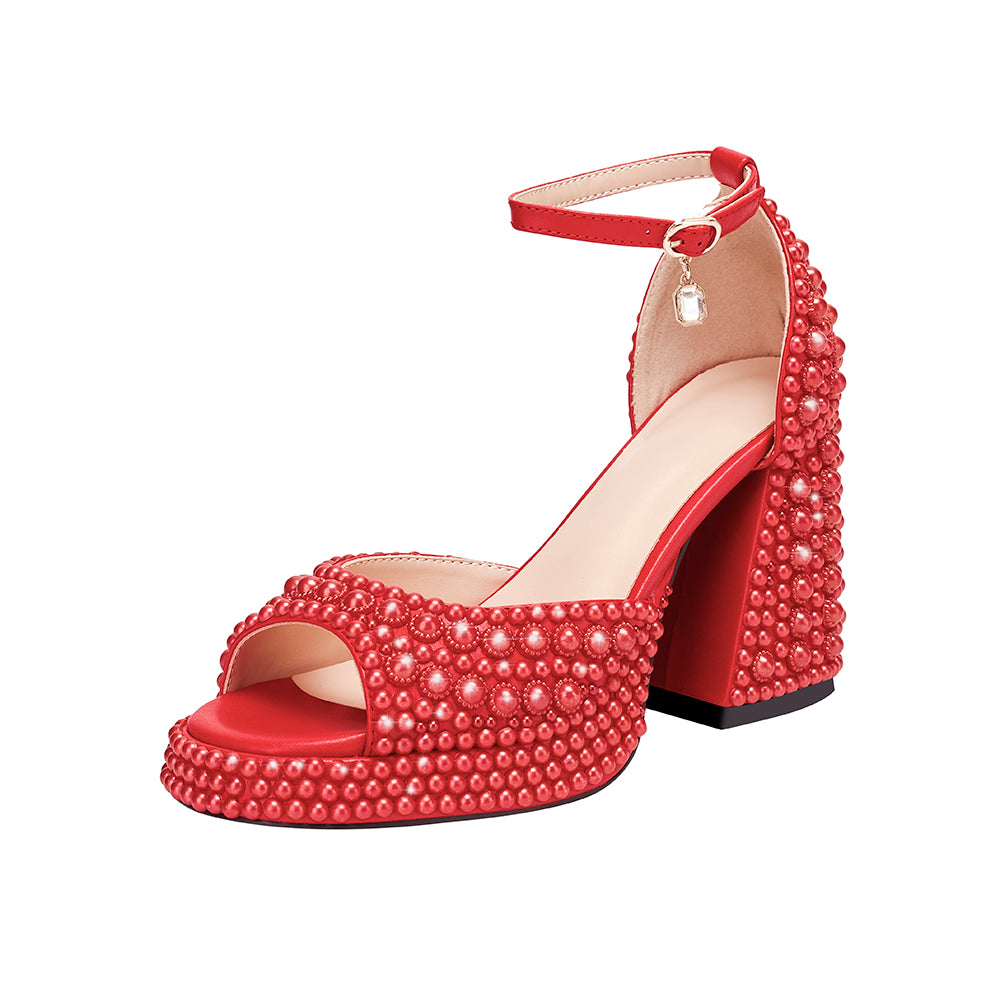 <tc>Red Pearl Open Toe Chunky Heels Ankle Strap Sandals</tc>