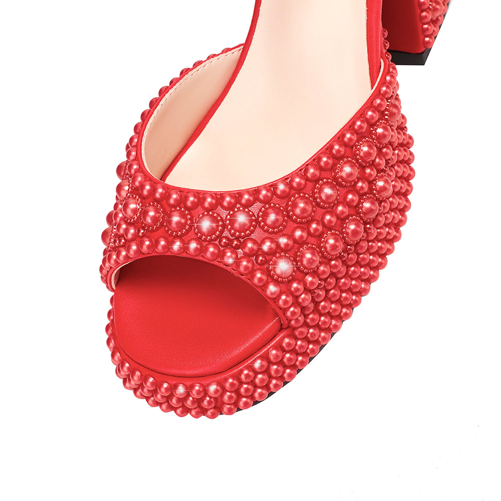 <tc>Red Pearl Open Toe Chunky Heels Ankle Strap Sandals</tc>