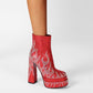 Red Rhinestone Frame Platform Square Toe Chunky Heel Ankle Booties