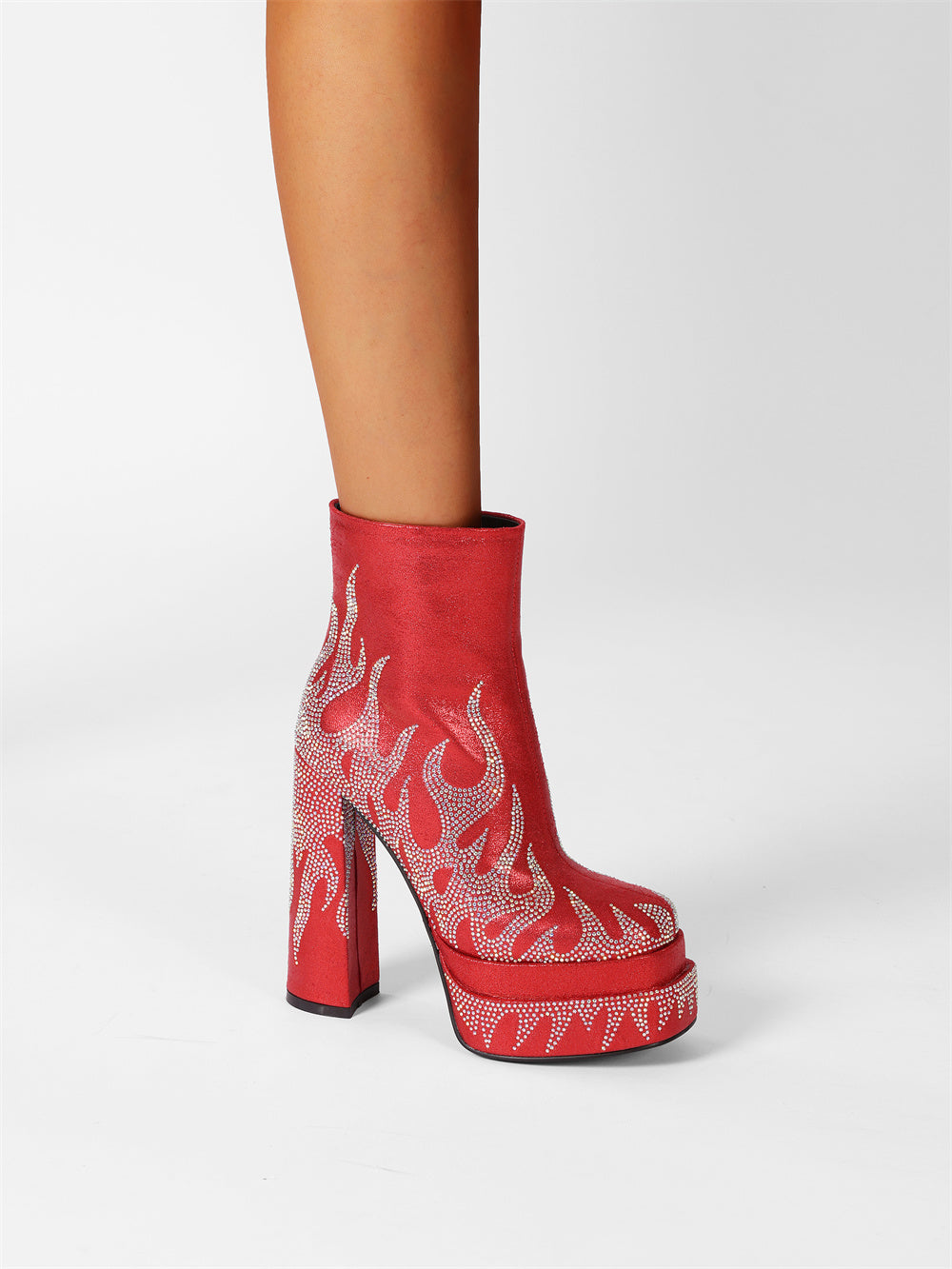 Red Rhinestone Frame Platform Square Toe Chunky Heel Ankle Booties