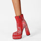 Red Rhinestone Frame Platform Square Toe Chunky Heel Ankle Booties