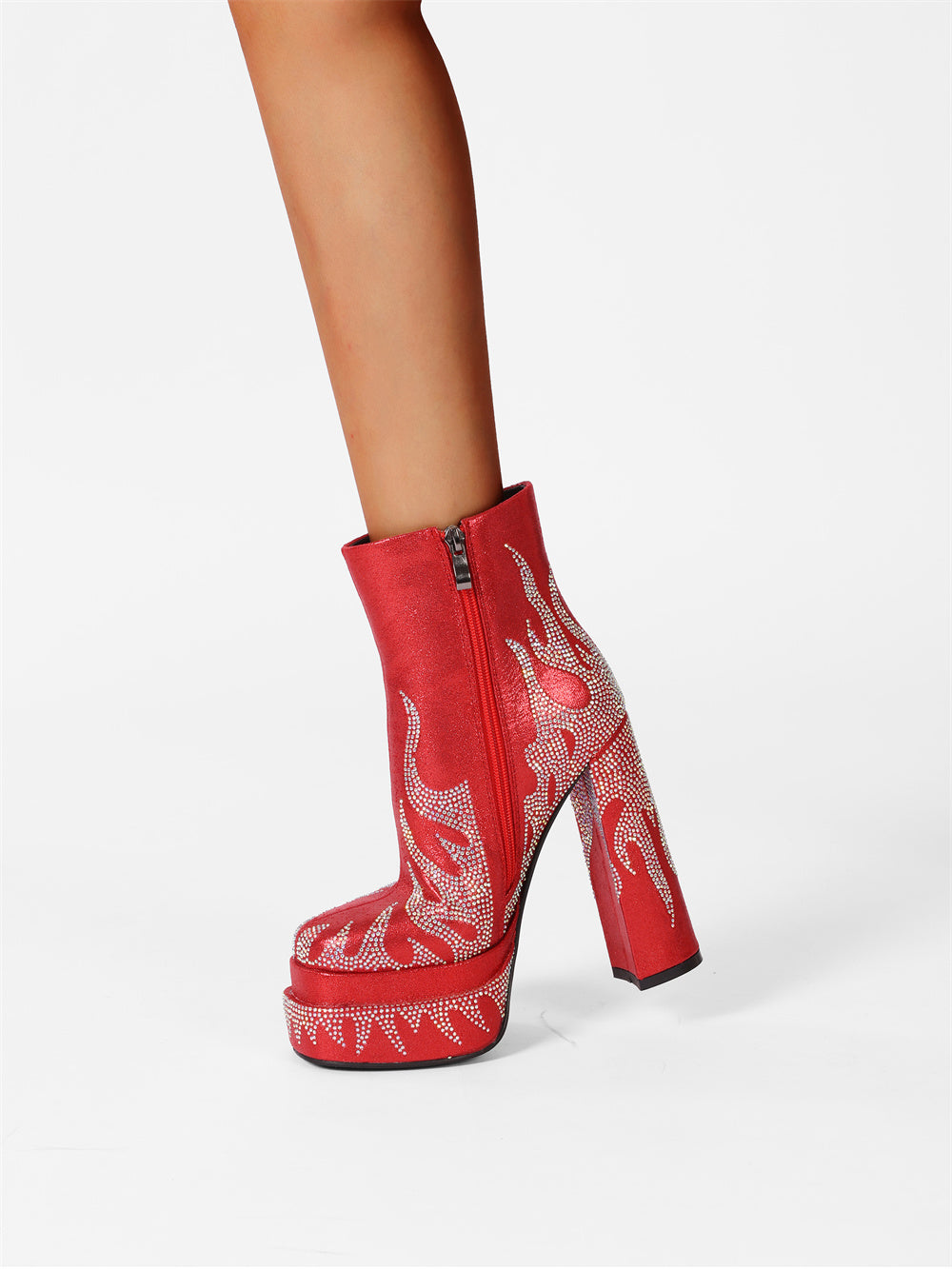 Red Rhinestone Frame Platform Square Toe Chunky Heel Ankle Booties