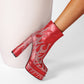 Red Rhinestone Frame Platform Square Toe Chunky Heel Ankle Booties