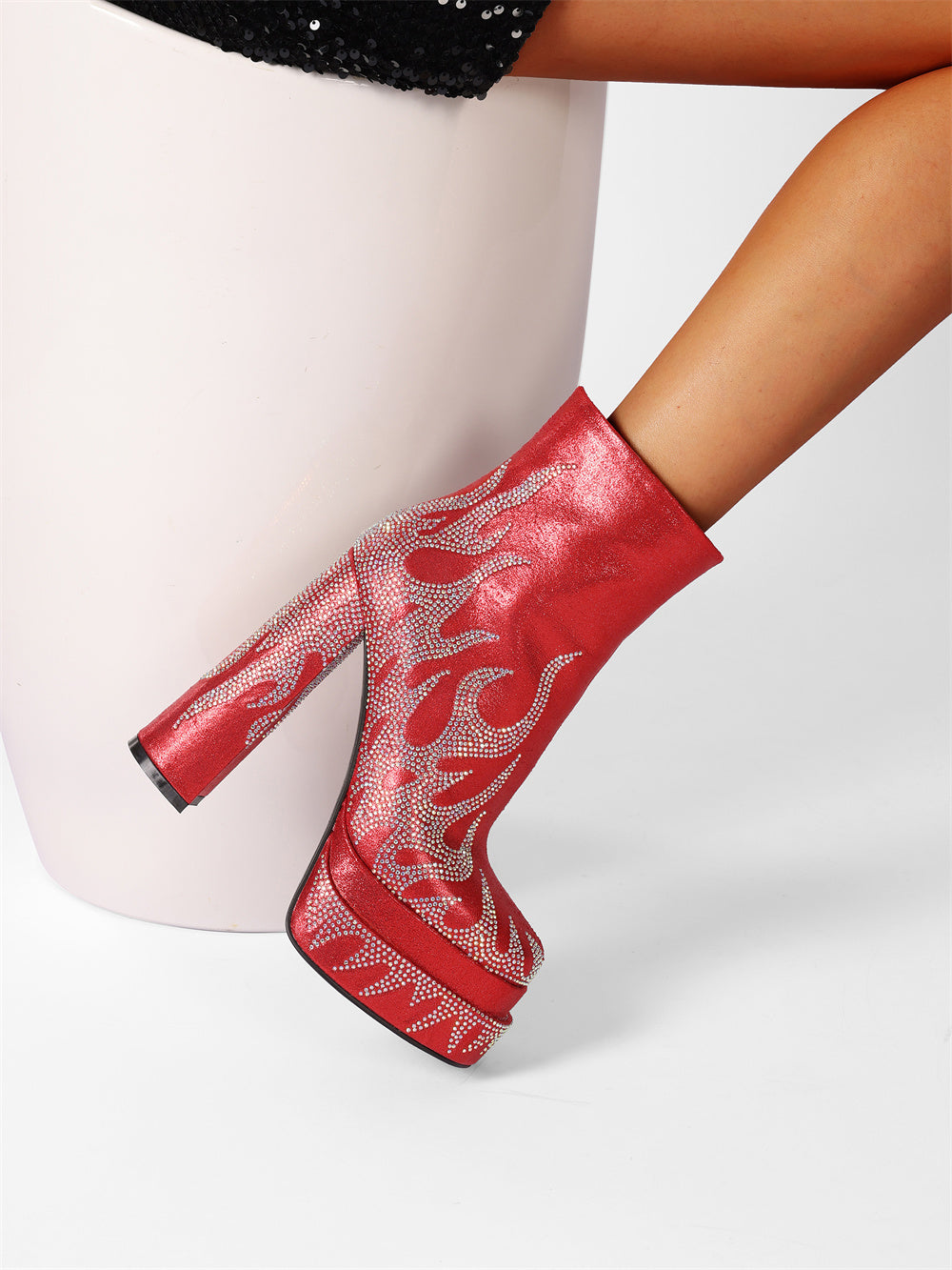 Red Rhinestone Frame Platform Square Toe Chunky Heel Ankle Booties