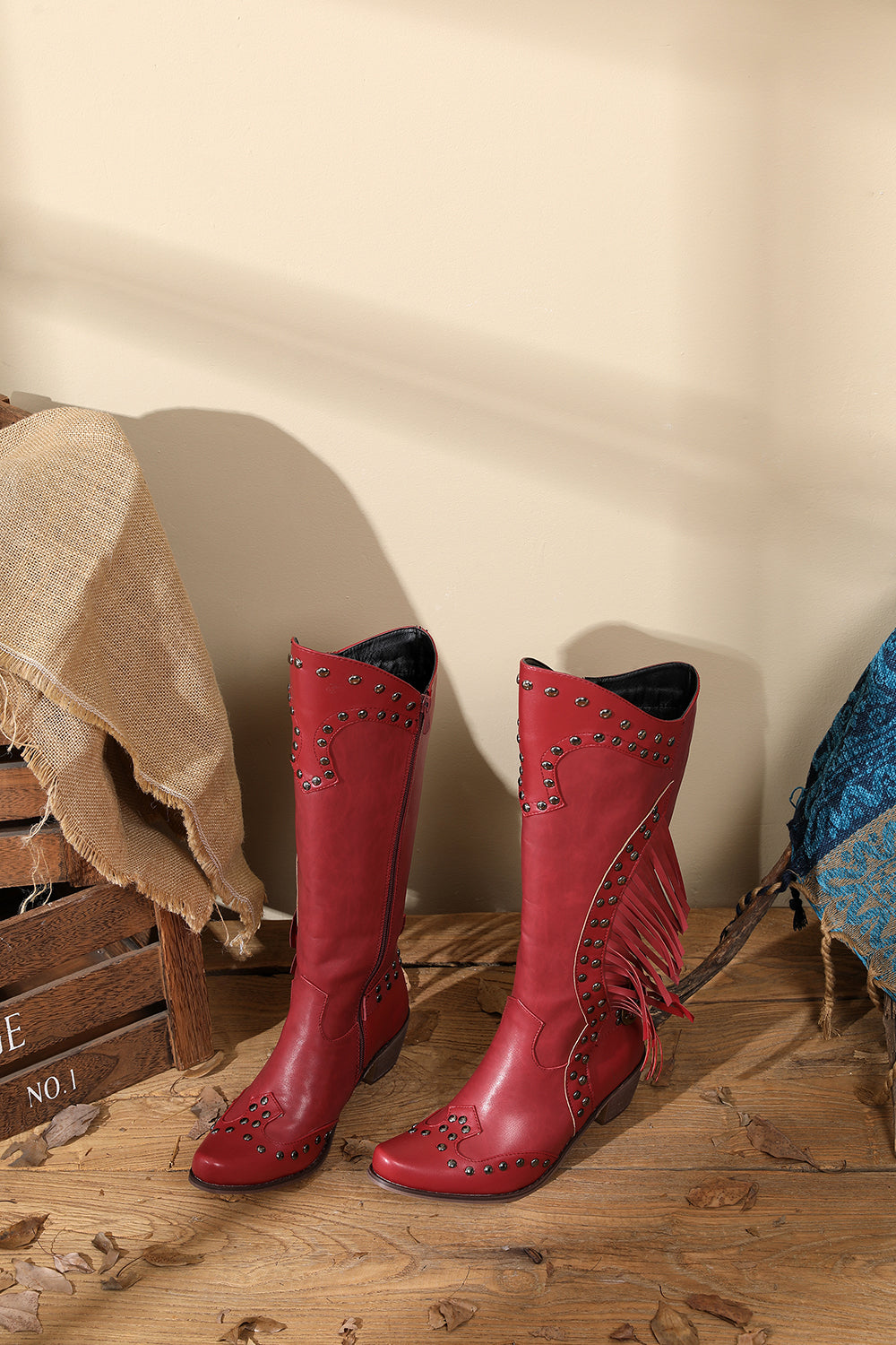 Red Vegan Leather Studs and Fringe Retro Women's Cowboy Boots Cool Cowgirl Booties