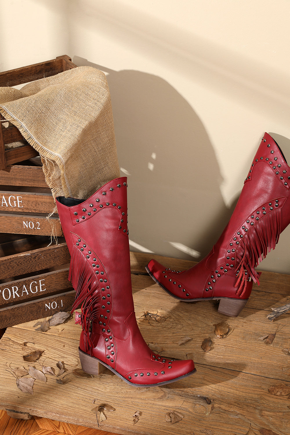 <tc>Red Vegan Leather Studs and Fringe Retro Women's Cowboy Boots Cool Cowgirl Booties</tc>