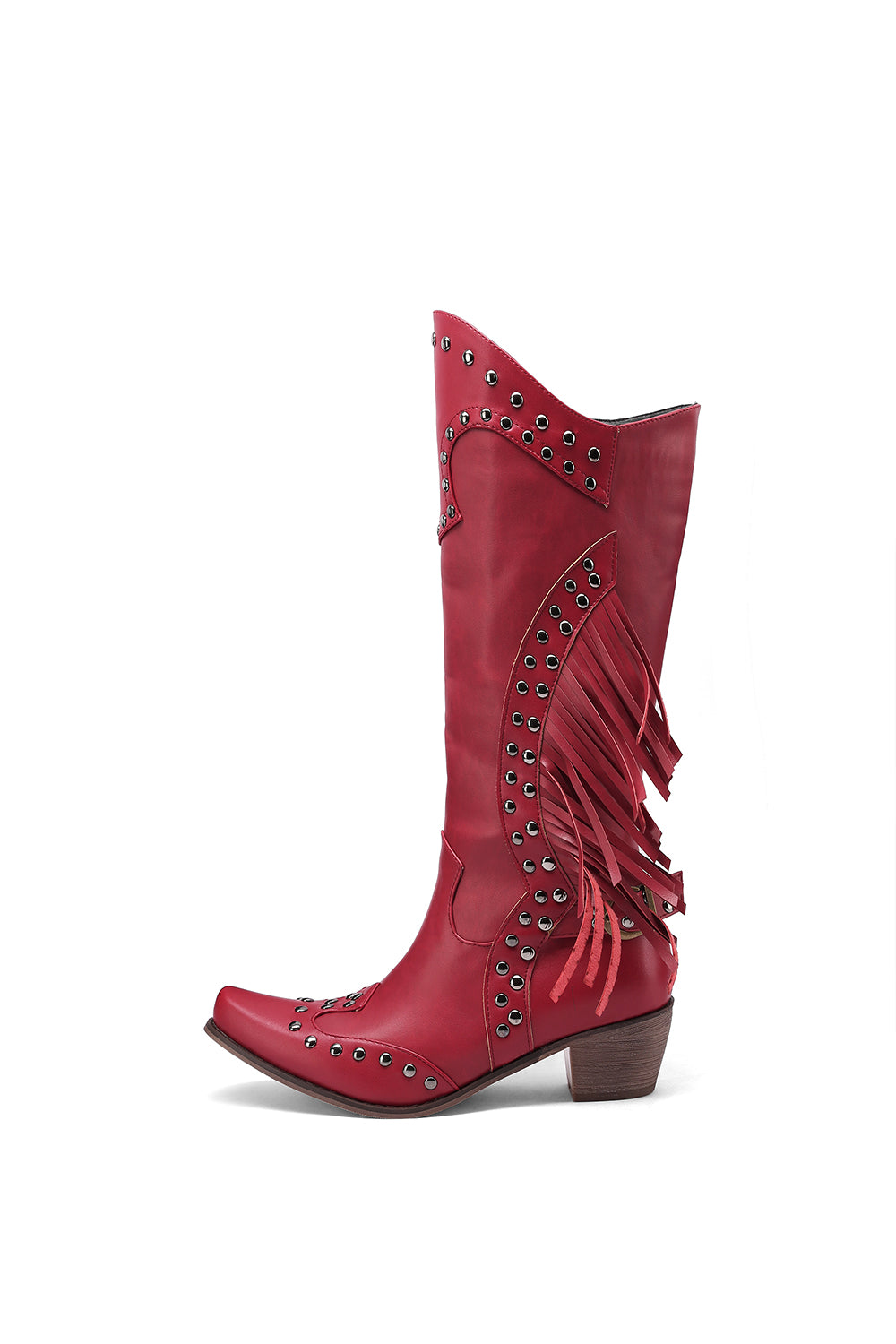 <tc>Red Vegan Leather Studs and Fringe Retro Women's Cowboy Boots Cool Cowgirl Booties</tc>