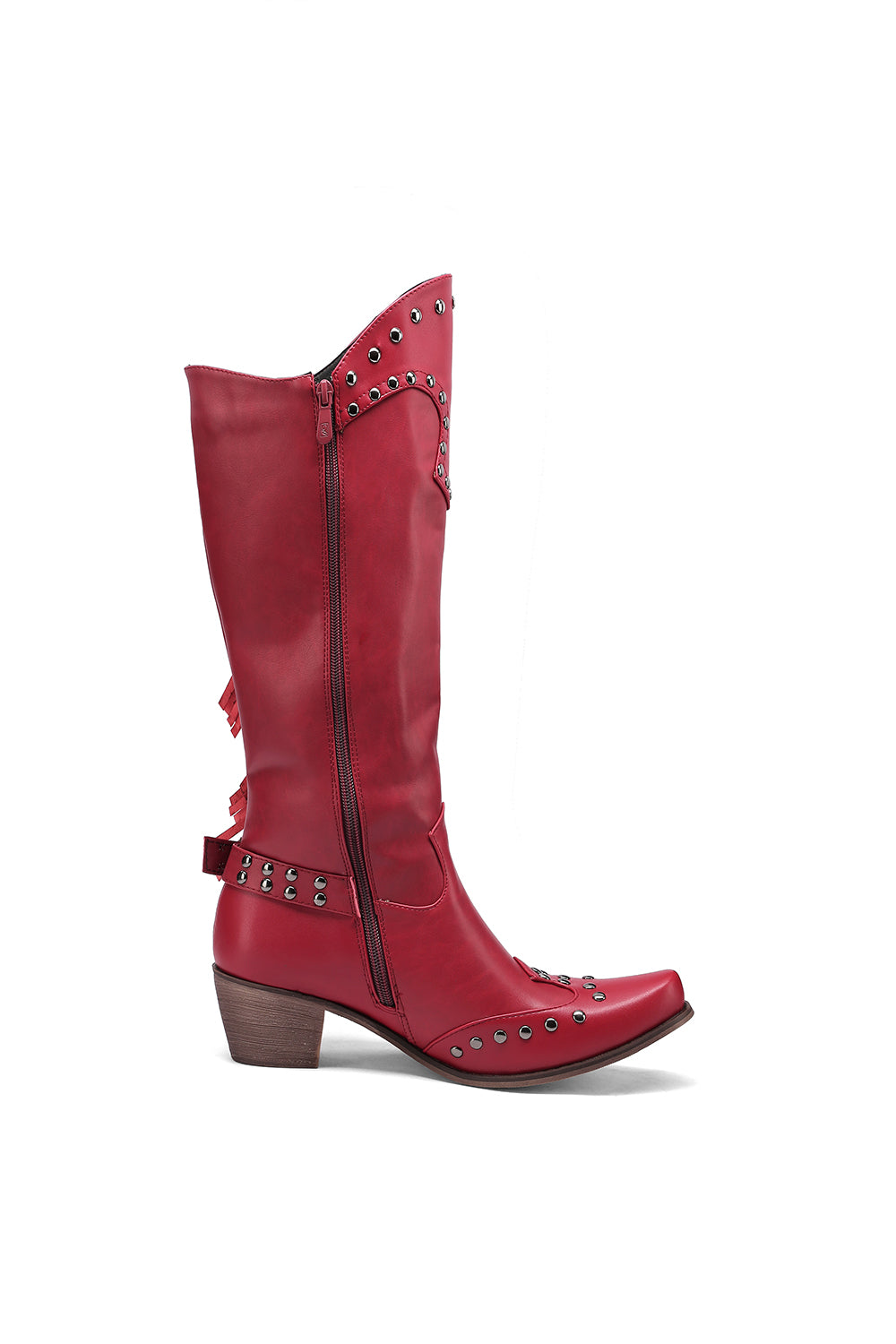 <tc>Red Vegan Leather Studs and Fringe Retro Women's Cowboy Boots Cool Cowgirl Booties</tc>