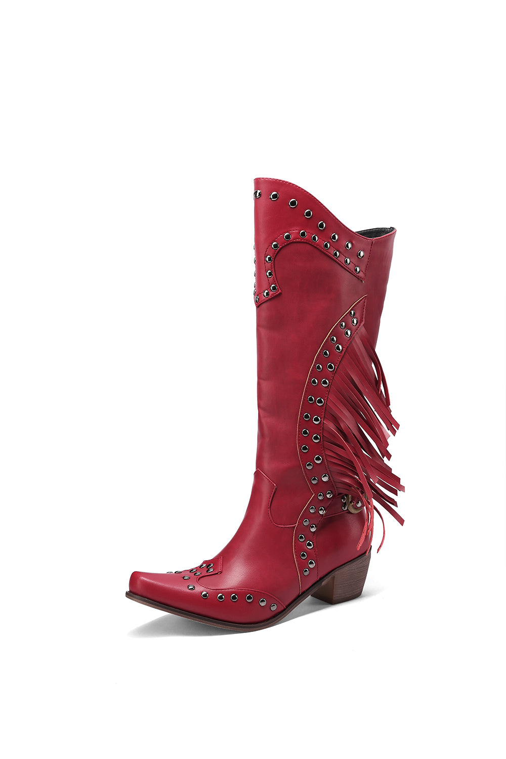 <tc>Red Vegan Leather Studs and Fringe Retro Women's Cowboy Boots Cool Cowgirl Booties</tc>