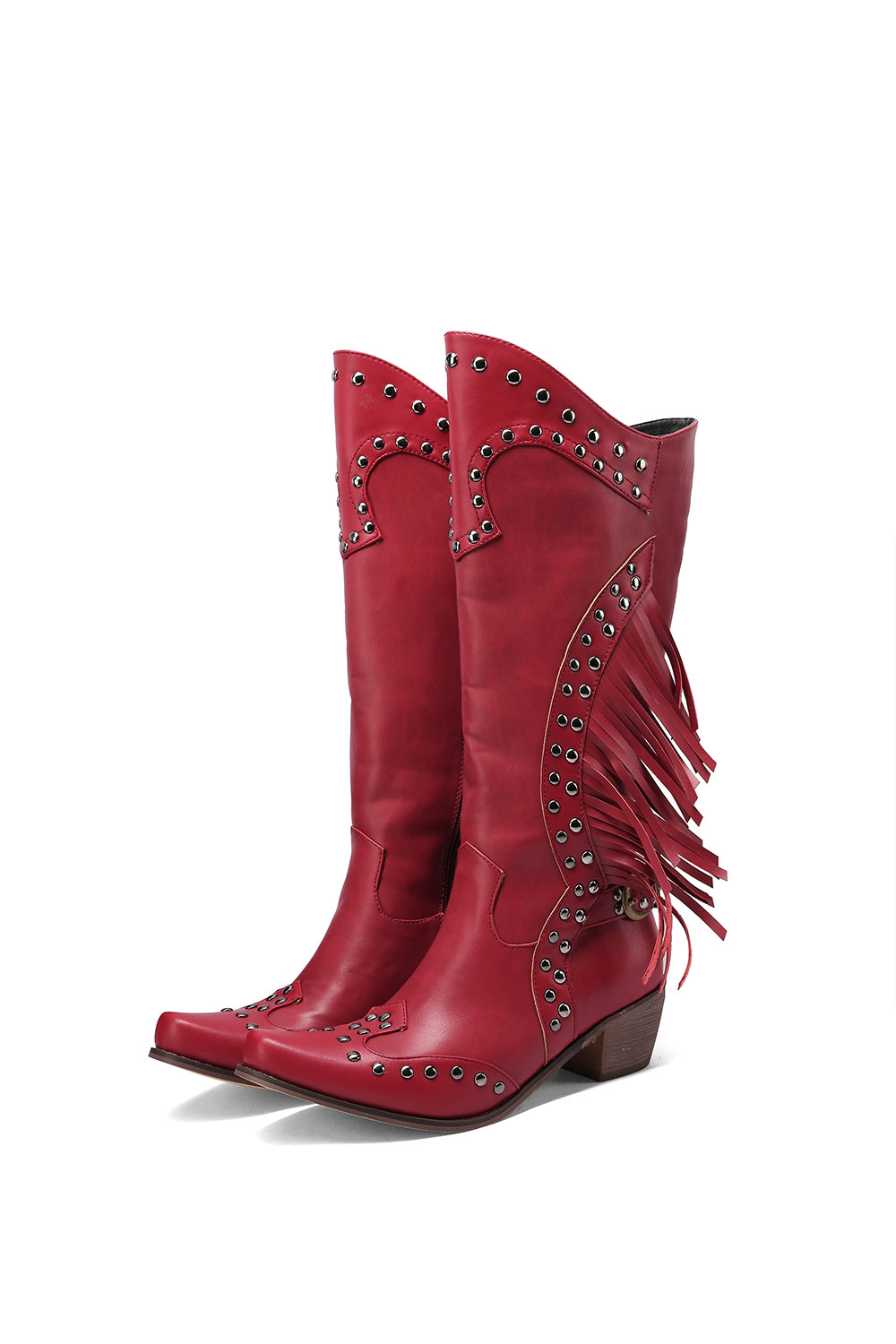 <tc>Red Vegan Leather Studs and Fringe Retro Women's Cowboy Boots Cool Cowgirl Booties</tc>