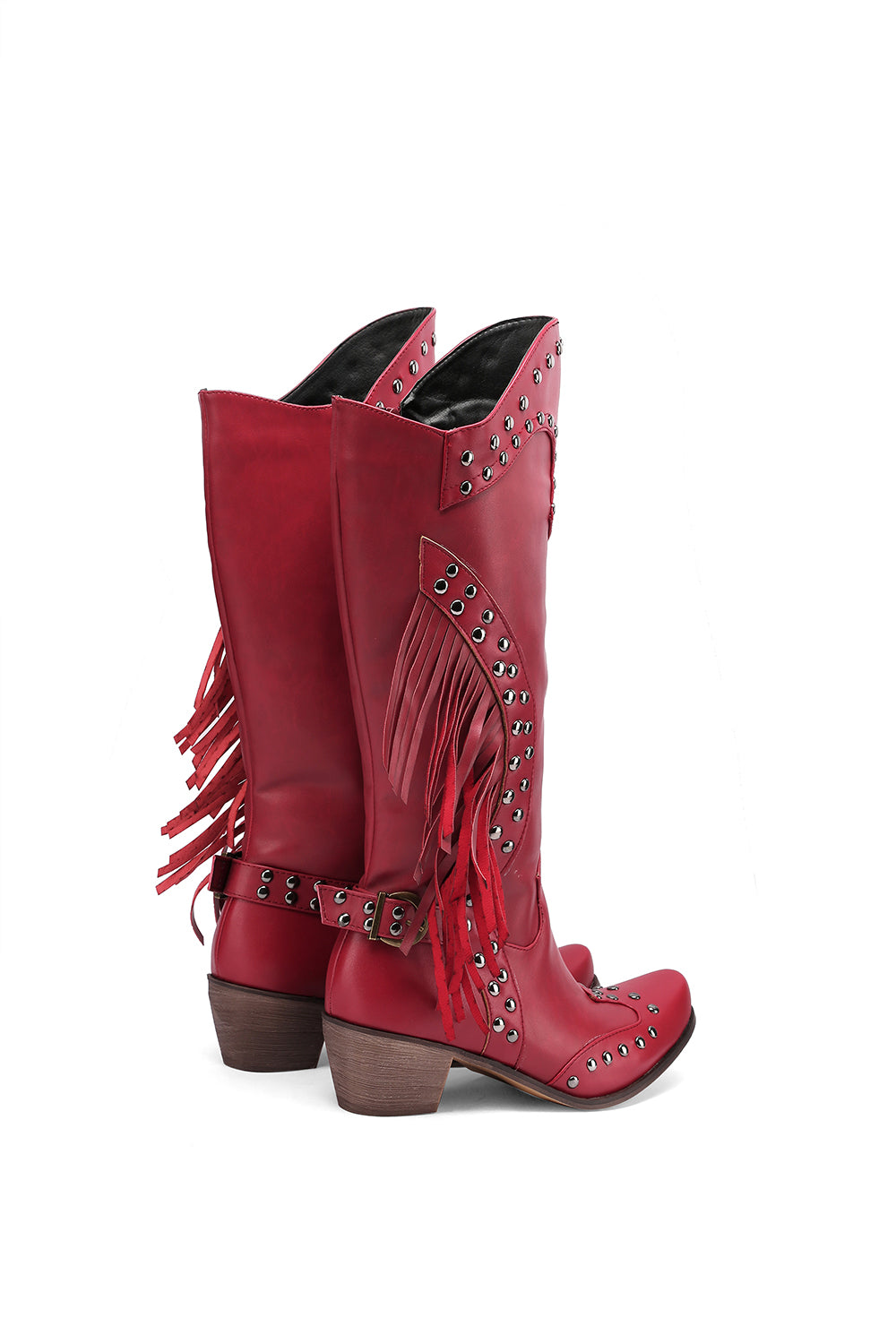 Red Vegan Leather Studs and Fringe Retro Women's Cowboy Boots Cool Cowgirl Booties