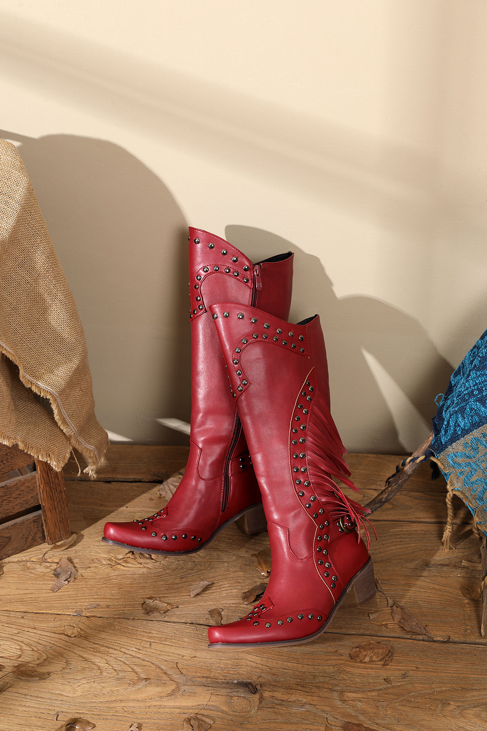 <tc>Red Vegan Leather Studs and Fringe Retro Women's Cowboy Boots Cool Cowgirl Booties</tc>