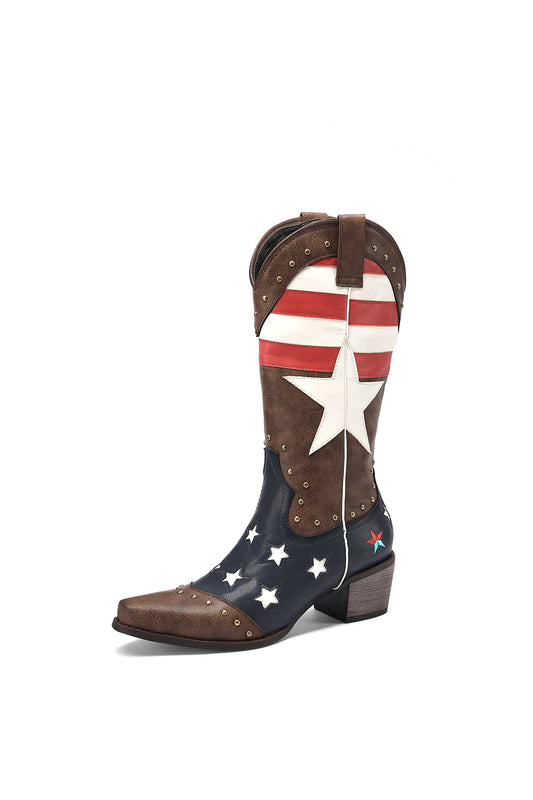 Red and White Striped Stars and Studs Block Heel Cowboy Boots