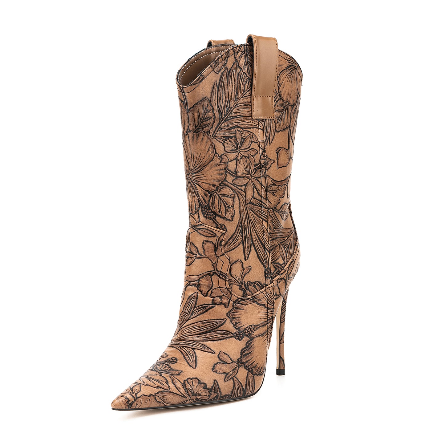 Retro Embossed Flowers Stiletto Heel Ankle Booties