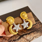 retro gold moon silver star stud earrings