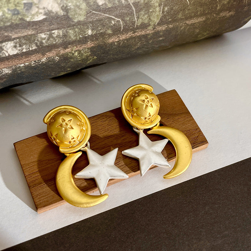 retro gold moon silver star stud earrings