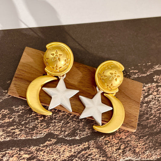 retro gold moon silver star stud earrings