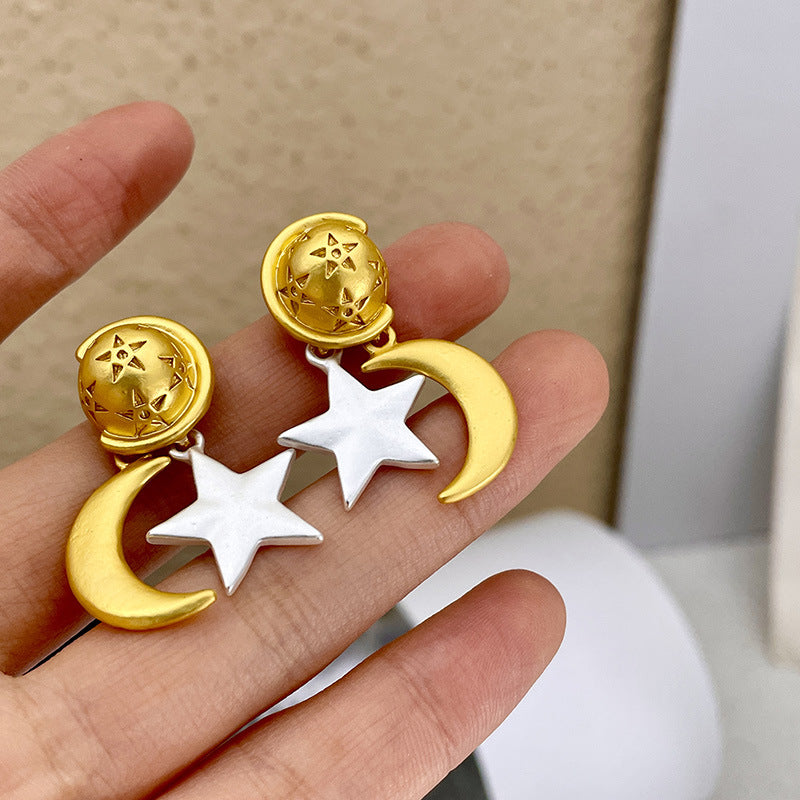 retro gold moon silver star stud earrings