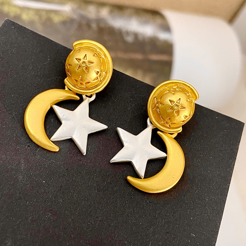 retro gold moon silver star stud earrings