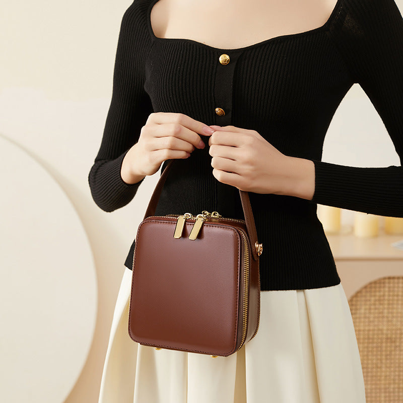 Retro Leather Box Zipper Shoulder Handbag