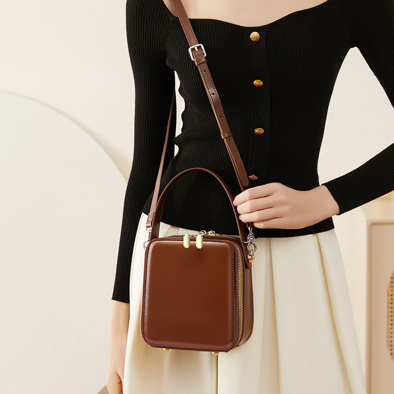 Retro Leather Box Zipper Shoulder Handbag