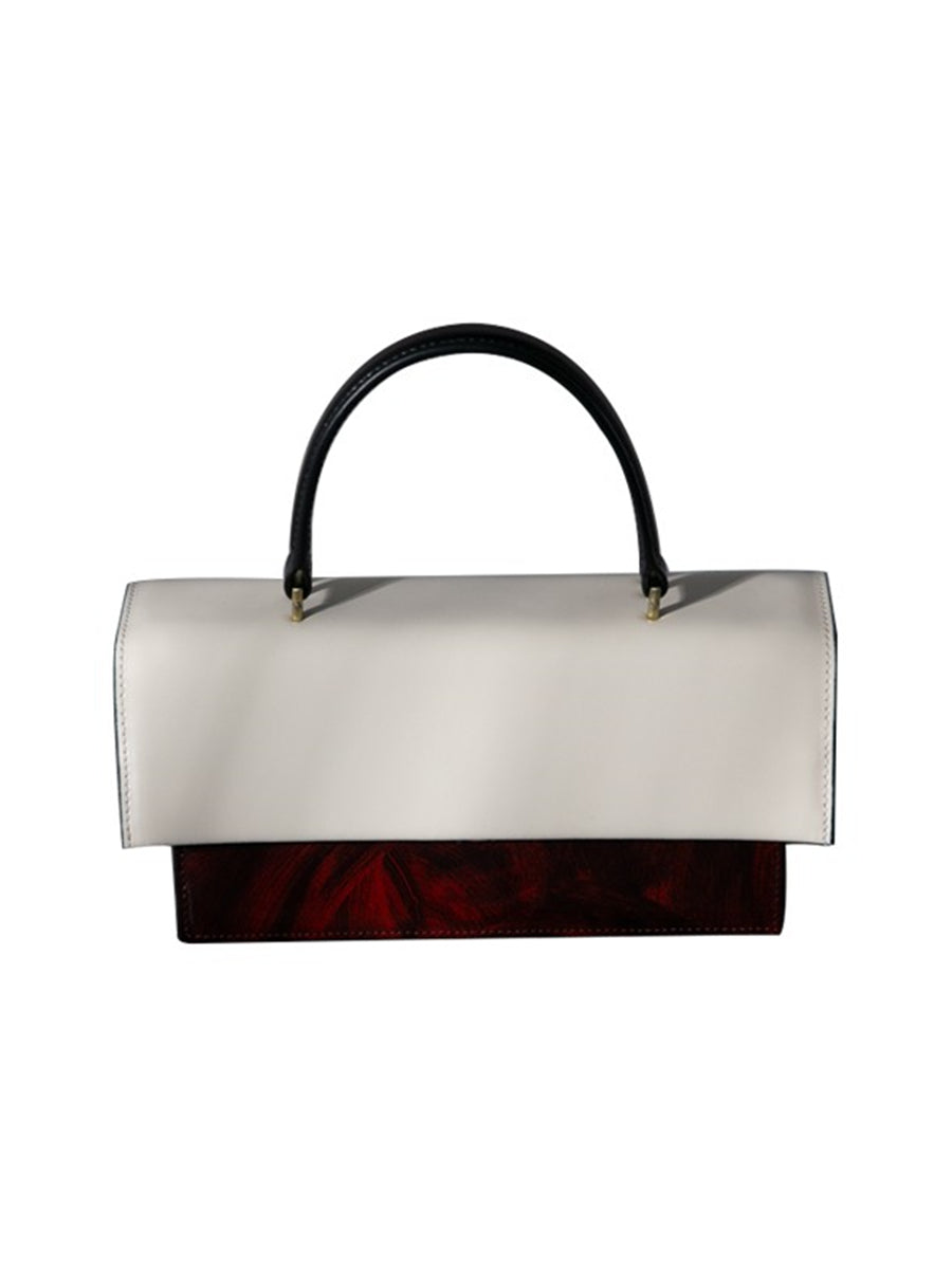 Retro White x Wine Red Leather Top Handle Handbag