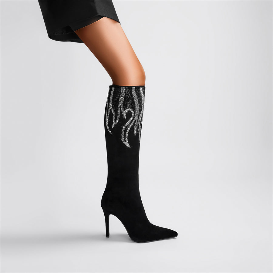 Flame Pattern Rhinestone Glamor Black Knee High Boots Long Boots