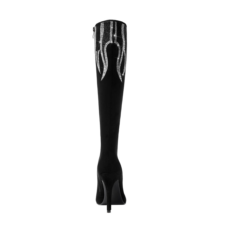 Flame Pattern Rhinestone Glamor Black Knee High Boots Long Boots