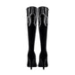 Flame Pattern Rhinestone Glamor Black Knee High Boots Long Boots