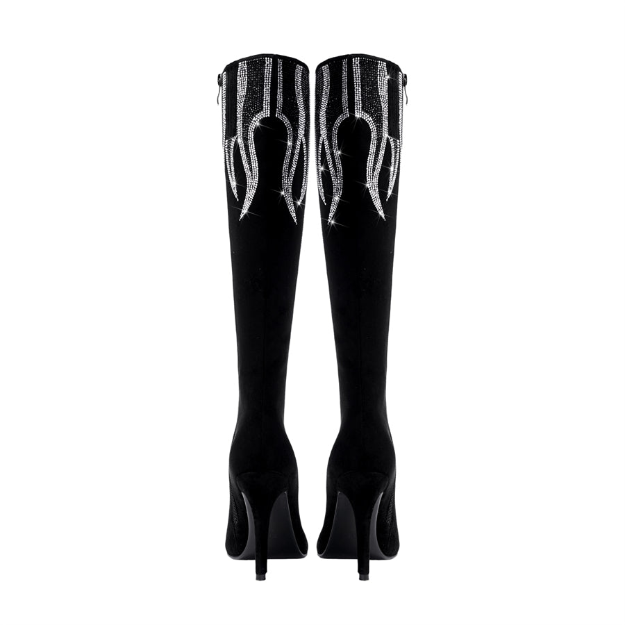 Flame Pattern Rhinestone Glamor Black Knee High Boots Long Boots