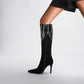 Flame Pattern Rhinestone Glamor Black Knee High Boots Long Boots