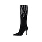 Flame Pattern Rhinestone Glamor Black Knee High Boots Long Boots