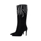 Flame Pattern Rhinestone Glamor Black Knee High Boots Long Boots