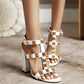 White Rivet Chunky Heel T-Strap Sandals