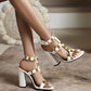 White Rivet Chunky Heel T-Strap Sandals